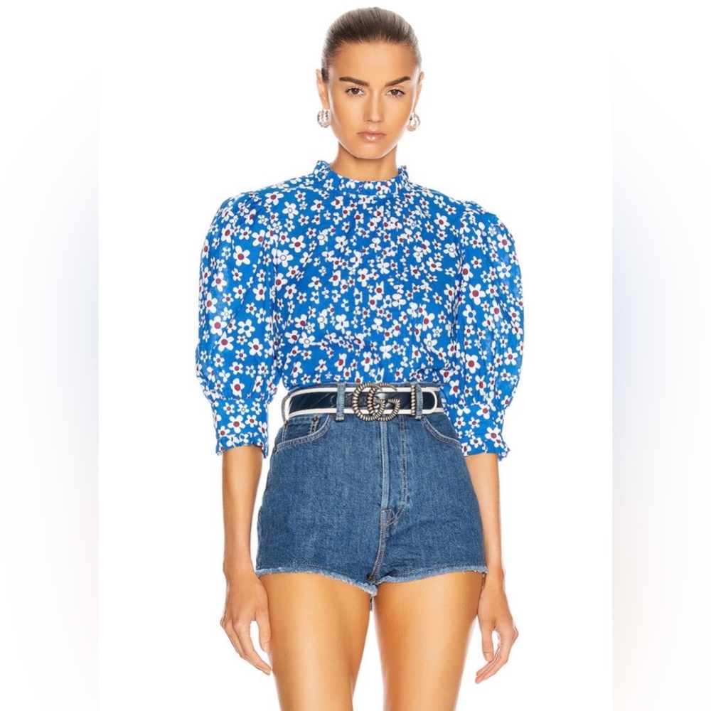 RIXO Mandy Retro Ruffle Puff Sleeve Top in Micro Mod Floral Blue Size XS/ US 4